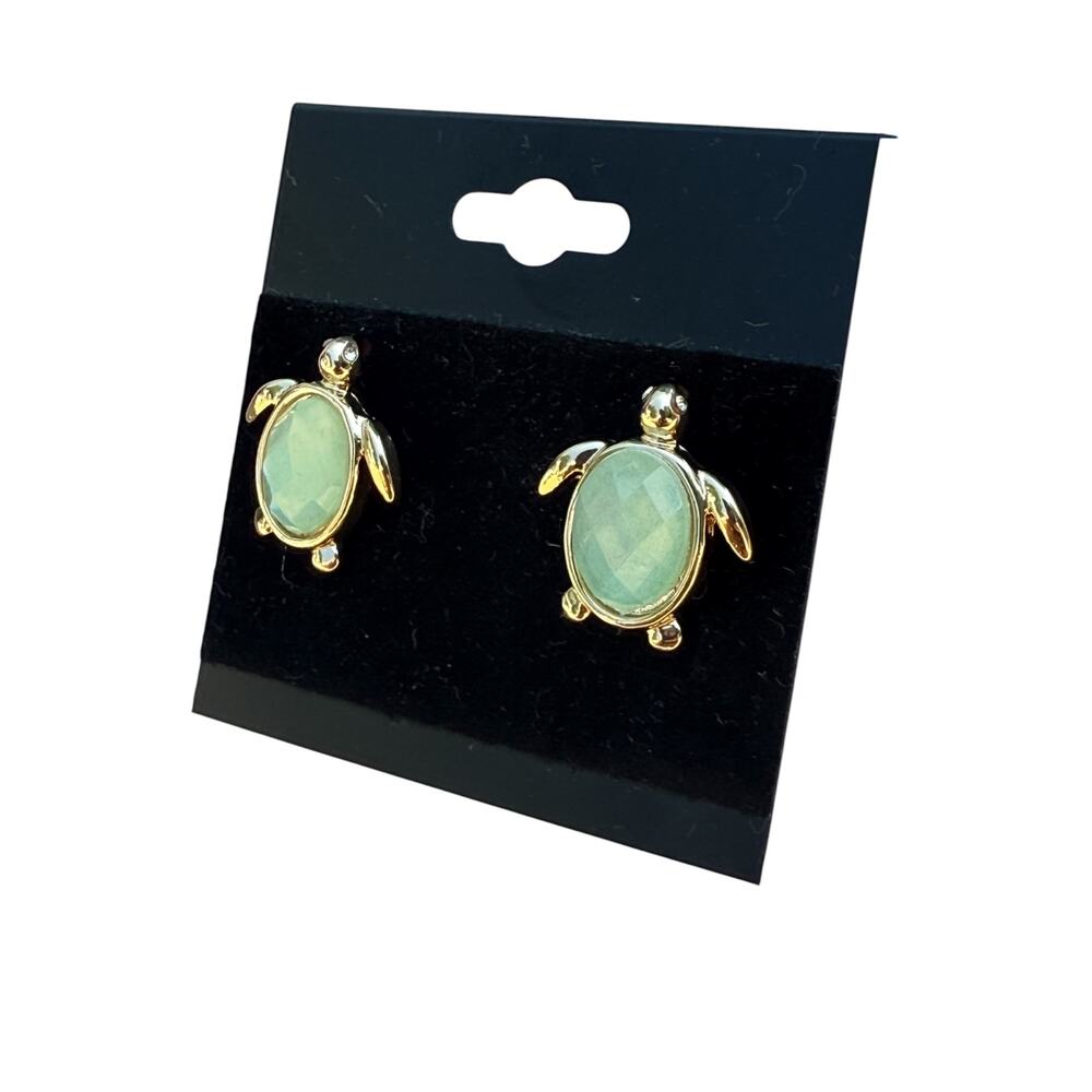 MONET Sea Turtle Post Earrings Aqua Minet Faceted Glass Gold Tone Modern Beach - Picture 5 of 7